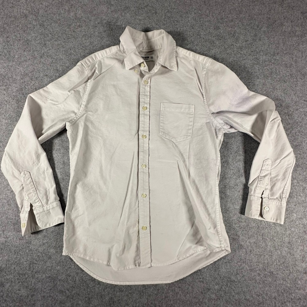 Buck Mason Button Down Shirt Mens Medium Beige Long Sleeve Cotton Stains Flaw *